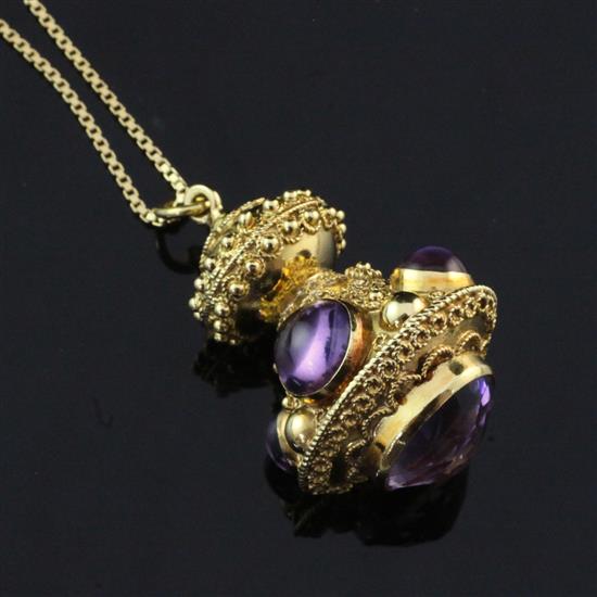 A Victorian style 18ct gold, cabochon and fancy cut amethyst set pendant, pendant 1.75in.